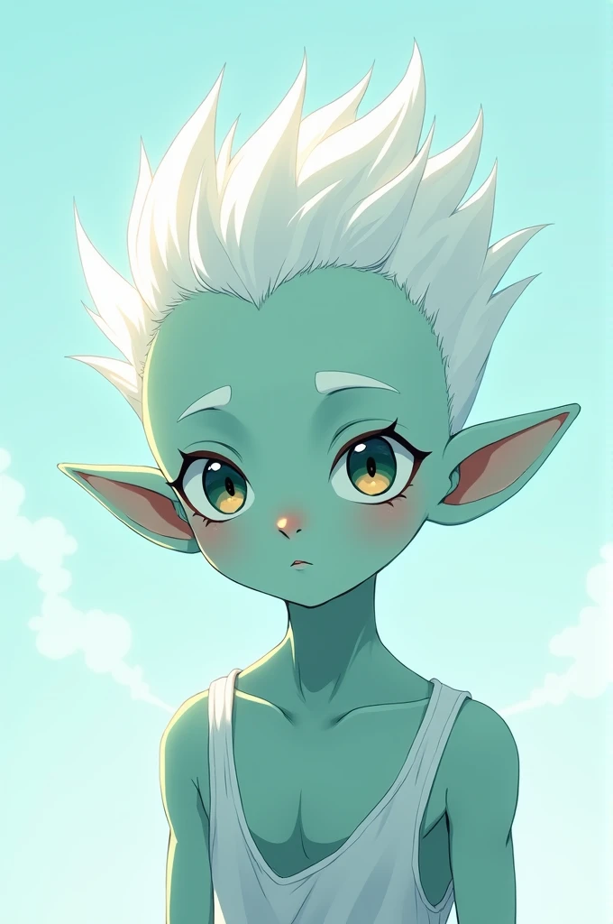  Create a boy with aqua-colored skin ( between green and light blue ),  white hair,  with alien antenitas , etc.  anime style.