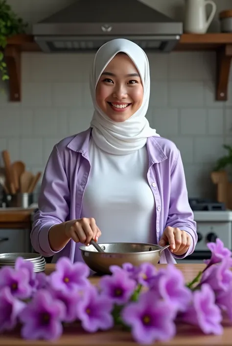 a young Indonesian woman aged 20 years is sitting in the kitchen there is a pot of purple angrek flowers wearing a white t-shirt wearing a light purple jacket wearing a white phasmina hijab while cooking at the table there is a kitchen equipment face facin...