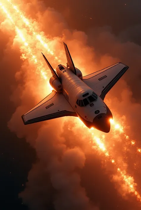 a space shuttle burning up, re-entering the atmosphere, hyperrealistic, 8k, highly detailed, dramatic lighting, intense heat and fire effects, billowing smoke, glowing heat tiles, extreme detail, cinematic composition, realistic physics simulation, volumet...