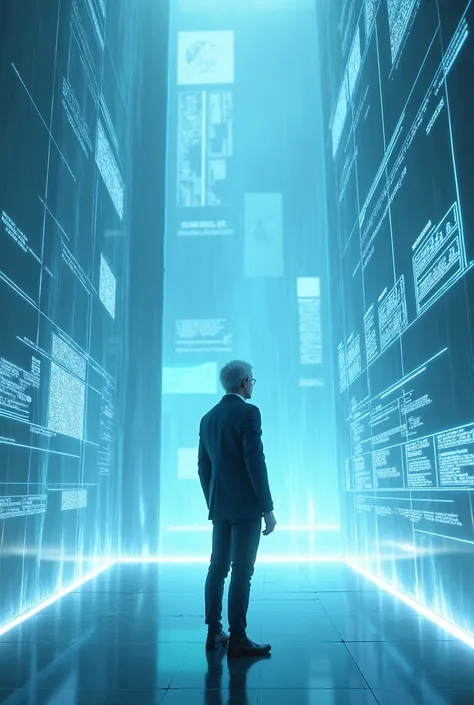  An image in the translucent tower where Aria meets Epsilon . Epsilon, a middle-aged man in a futuristic suit surrounded by holographic screens with blue light.