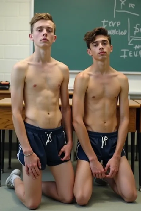 Two 18-year-old boys undressed in a kneeling pose in the classroom


