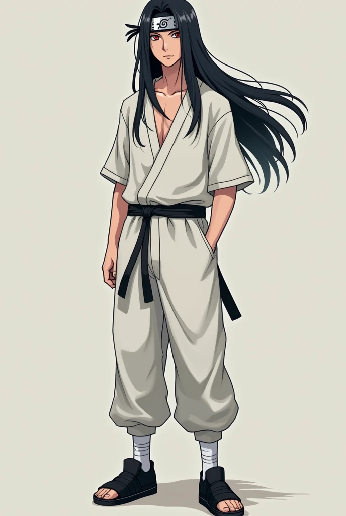  make a fictional male character inspired by the Naruto anime,  He is a 16-year-old teenager , Average height and appearance of a teenager , no mustache, Does he have a konoha headband , has red eyes,  long black hair , Wear loose white clothes,  he is a h...