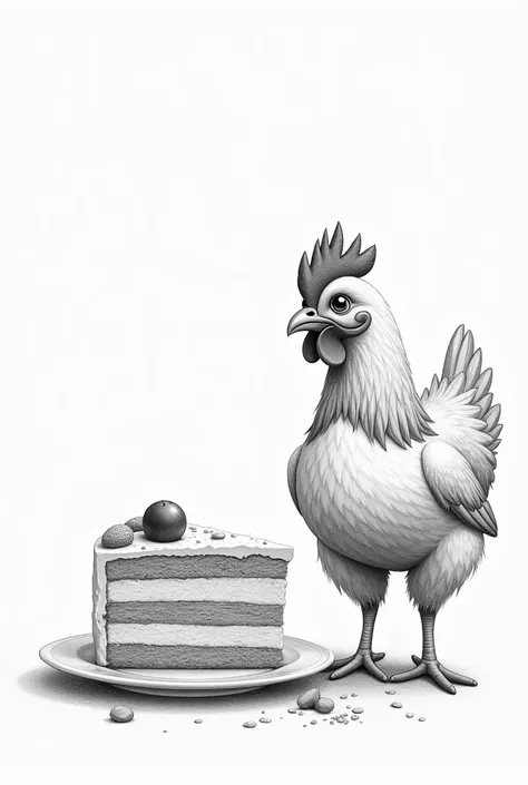 Generate a drawing of a chicken in pencil with a slice of cake 