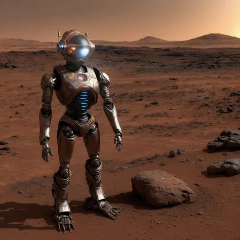 "A highly detailed and realistic humanoid AI robot standing on the surface of Mars. The robot has a sleek metallic body with futuristic, intricate designs and glowing blue eyes that emit a soft, vibrant light. Its joints and limbs are designed to appear ad...