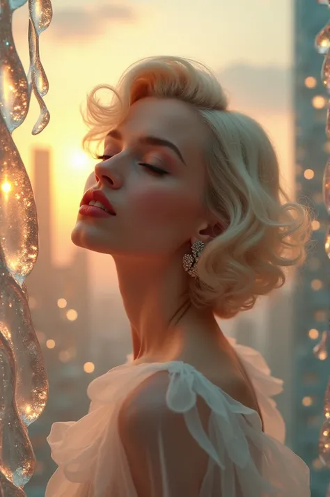 Middle Ground. A hyper-realistic cinematic portrait of a graceful young Marilyn Monroe with short wavy hair the color of platinum blonde, gently closed eyes and softly opened lips radiating an ethereal and serene expression. She is wearing a delicate white...