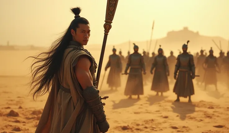 "Create a cinematic, high-resolution image of a Chinese warrior standing in a vast desert. The warrior is a muscular man with long, flowing black hair and a fierce, determined expression as he looks directly at the camera. He holds a massive, ornate spear ...