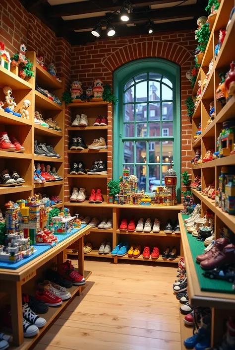 A shop with shoes and lego construction