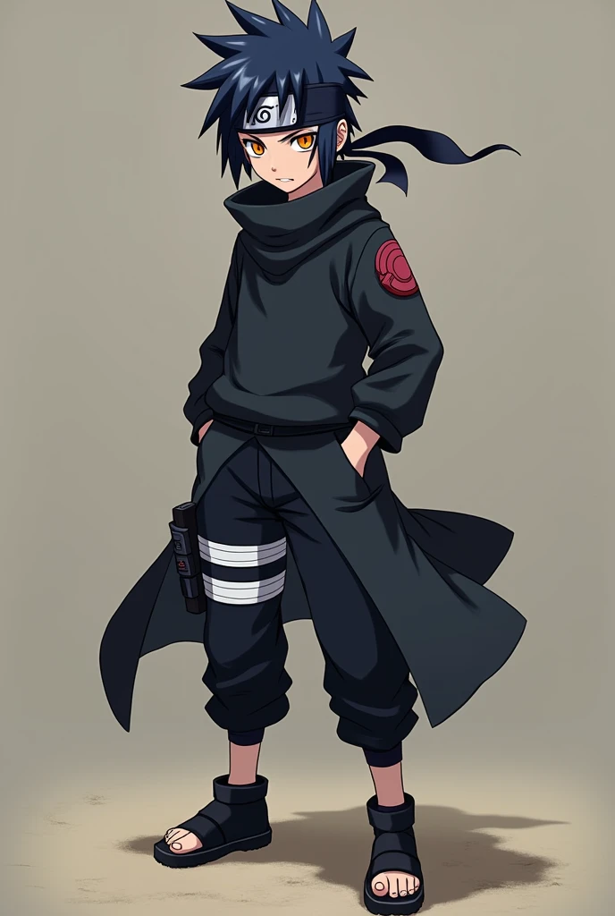  make a character like Gaara with dark blue hair, Bandana de Konoha,orange eye, black clothes,  black pants , black sneakers and make him stand up , inspired by the anime naruto, Make the little character 