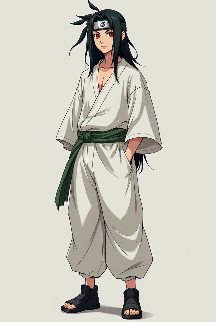  make a fictional male character inspired by the Naruto anime,  He is a 16-year-old teenager , Average height and appearance of a teenager , no mustache, Does he have a konoha headband , has red eyes,  long black hair , Wear loose white clothes,  he is a h...