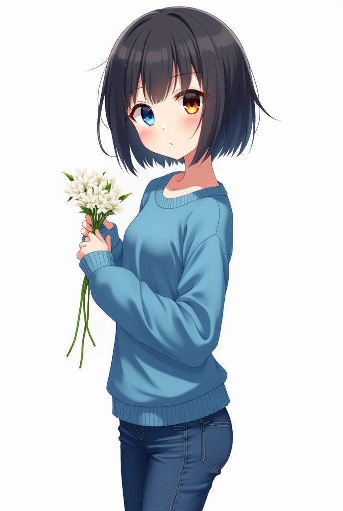 Young woman with heterochromia left eye color blue and right eye brown , short black hair with blue sweater and denim pants in a poze standing on a white background with flower ornament full body anime style