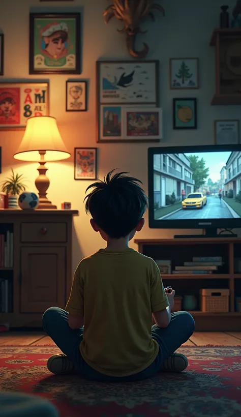 boy playing game in his room, filled with memory from hood, lamp is off, view from the back