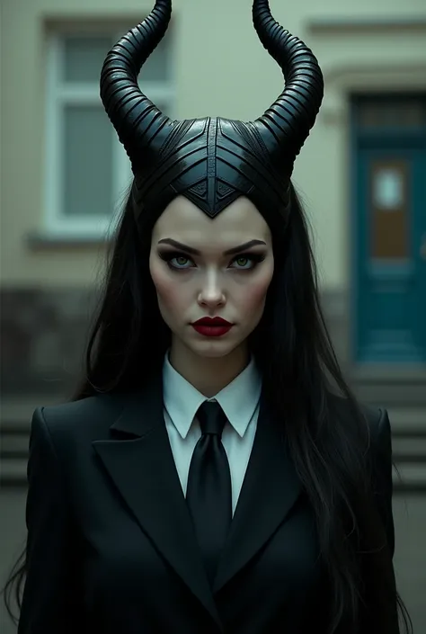 Maleficent, school uniform, schoolgirl, long black hair, dark eyes, Arrogant