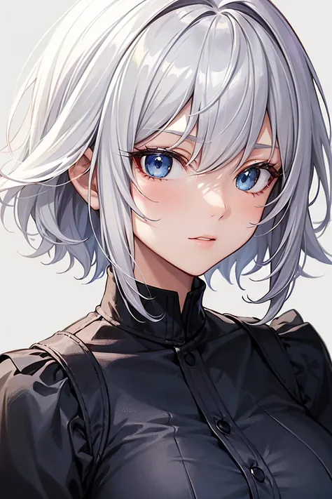 Beautiful mature anime woman, short white hair, blue eyes, detailed face, pretty eyes, 1girl