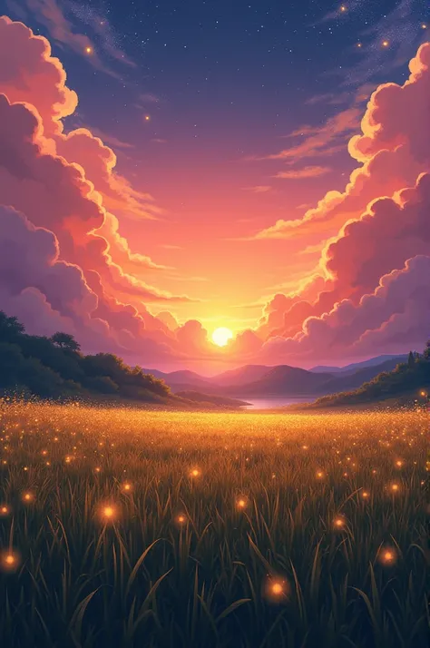 Viral cartoon nature wallpaper in 4K quality, inspired by Isao Takahata, capturing a serene rice field at dusk, the sky is thick with clouds and a  soft gradient of orange and purple, and fireflies dancing above the water; warm and nostalgic color temperat...