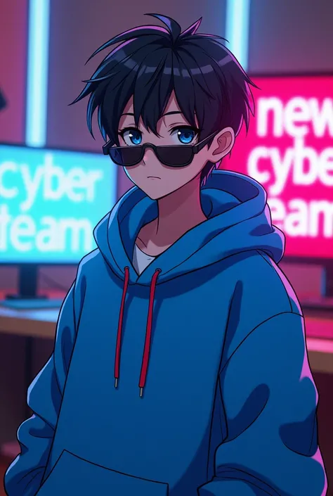 An anime character boy wearing blue hoodie and sunglasses looking infront of camera setting in center of studio where a pc is present in which a name " NEW CYBER TEAM " is written in neon style.