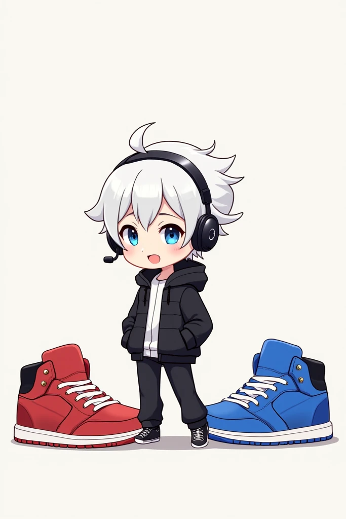 Create chibi art ,  character guy jacket ,  pants and headset next to red next to blue shoes white hair black 