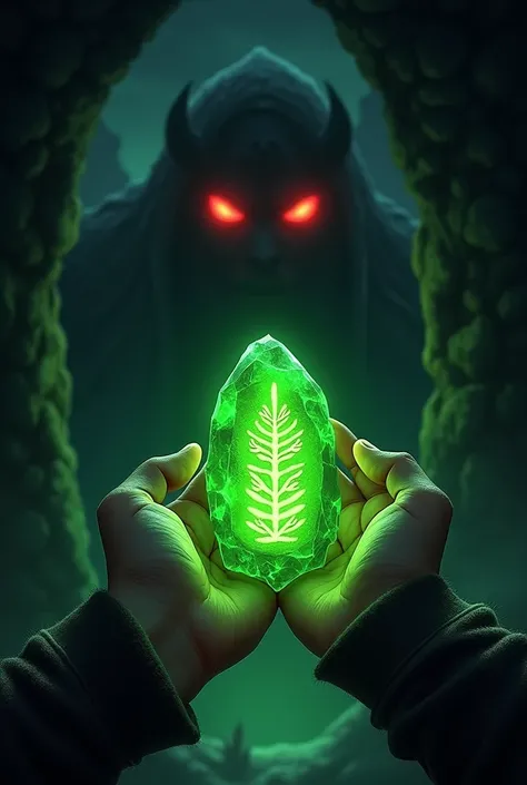  Poster of Hands holding a green stone that looks like a rune, with a stem design inside , and a dark dungeon behind , And with red eyes watching in the dark 