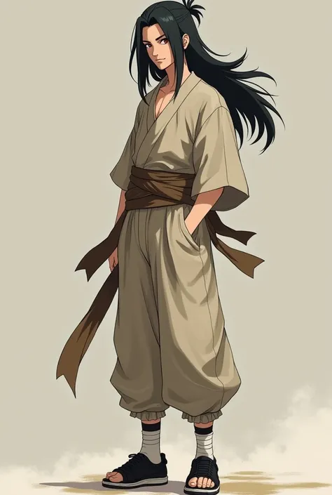  make a fictional male character inspired by the Naruto anime,  He is a 16-year-old teenager , Average height and appearance of a teenager , no mustache, Does he have a konoha headband , has red eyes,  long black hair , He wears loose beige clothing ,  he ...