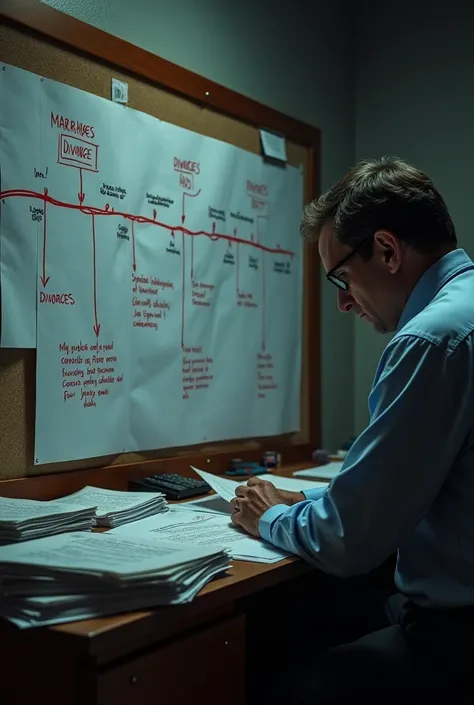 Realistic crime investigation scene: A detective in a dimly lit office examines large piles of paperwork. A timeline of marriages and divorces is drawn on a bulletin board with red string connecting key points, creating a sense of mystery and discovery.