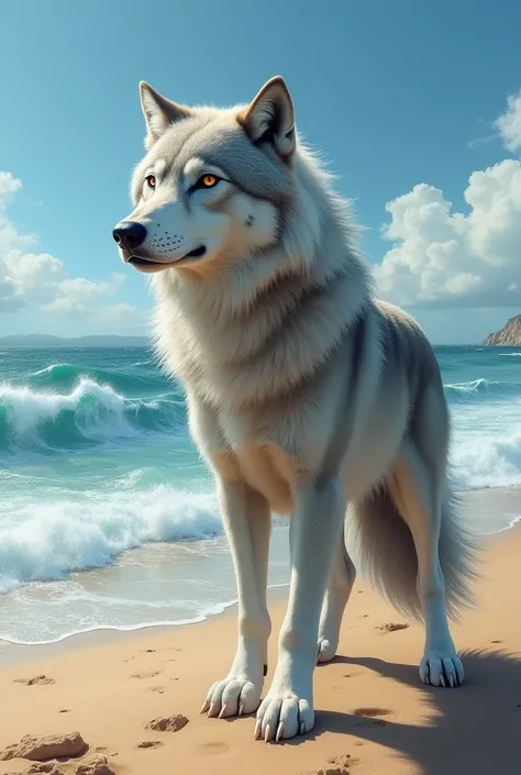 Create a Wolf on a beach with waves