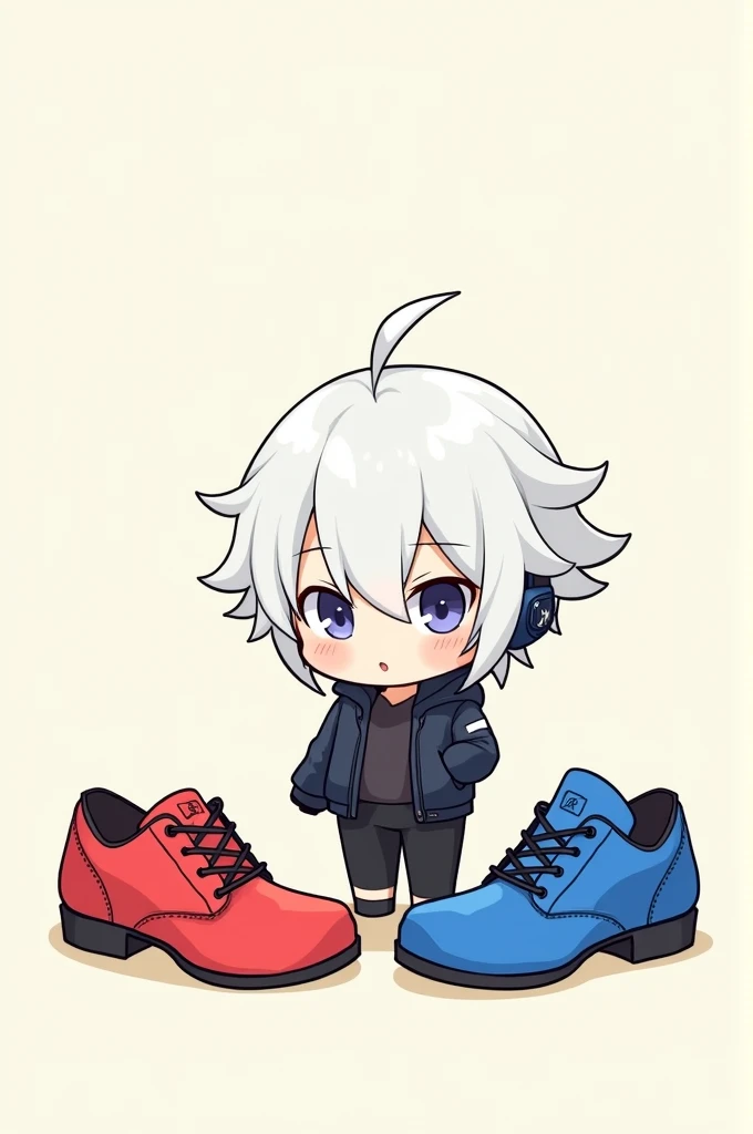 Create chibi art ,  character guy jacket ,  pants and headset next to red next to blue shoes white hair black 