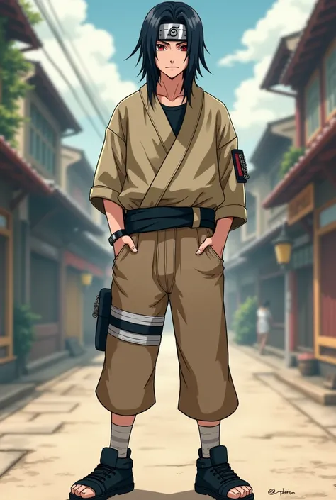  make a fictional male character inspired by the Naruto anime,  He is a 16-year-old teenager , Average height and appearance of a teenager , no mustache, Does he have a konoha headband , has red eyes,  long black hair , He wears loose beige clothing ,  he ...