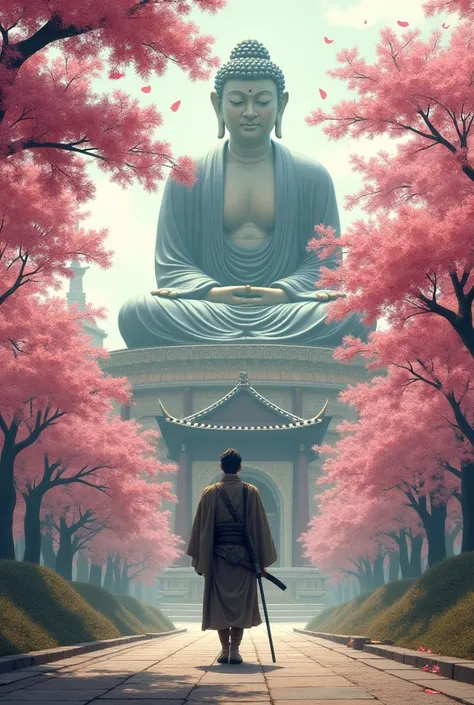 A Ronin Heading Towards an Impressive Buddha Image. And behind the Buddha you should see a temple .  The path must be surrounded by beautiful cherry blossoms.