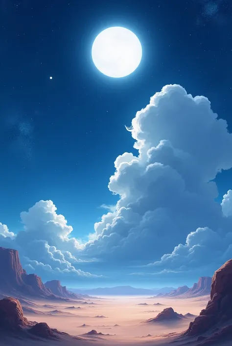  anime, clear night white moon, no human, desert, clouds, cloudy
