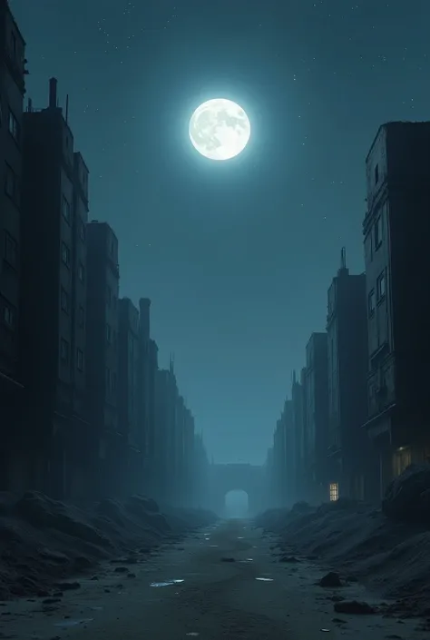 Death city anime, clear night white moon, no human, desert
