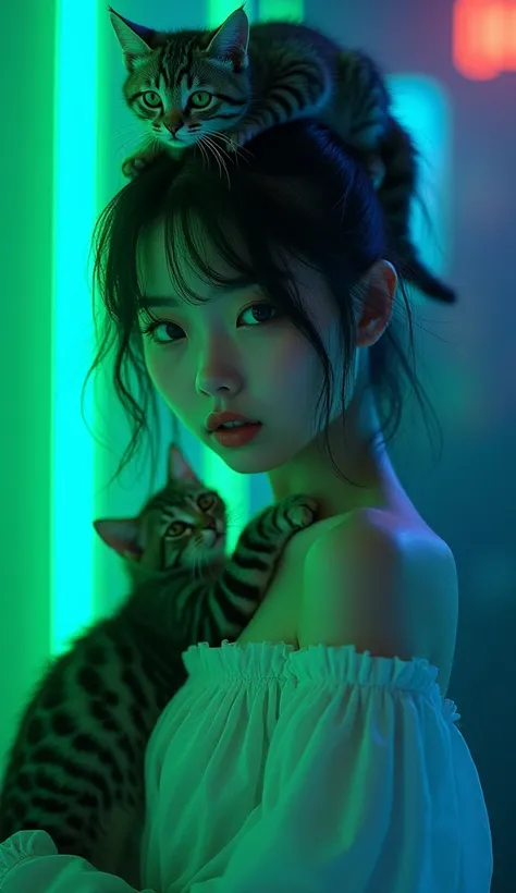 a cuty girl in night that little kitten around and up of them with green and blue neon lights