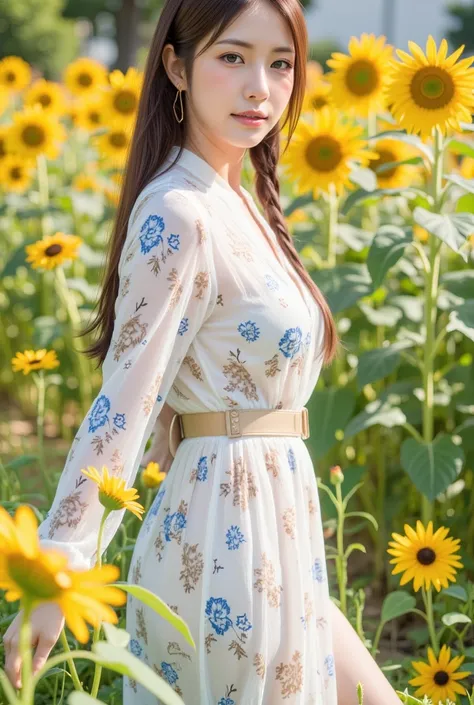 woman wearing a modern A model poses confidently, wearing a stylish wrap dress adorned with a blue and beige floral pattern. The dress features long sleeves and a cinched waist, secured with a beige belt. She has striking makeup and large hoop earrings, wi...