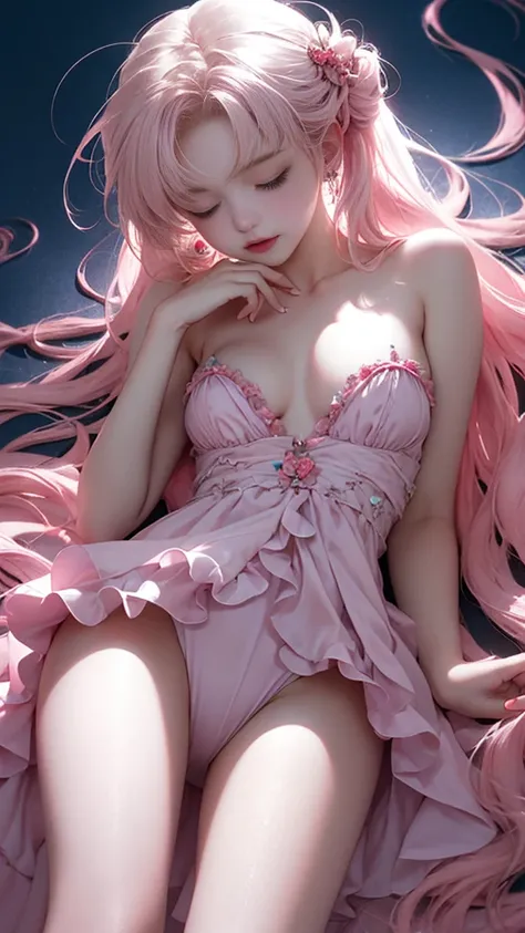 Light blue and red color scheme，pink nipple，little body，Petite，White curly hair, high detail, best quality, supper detail, pink pussy  ,  dark background, 5/6 body, hair over nipple, open legs, sleeping dress