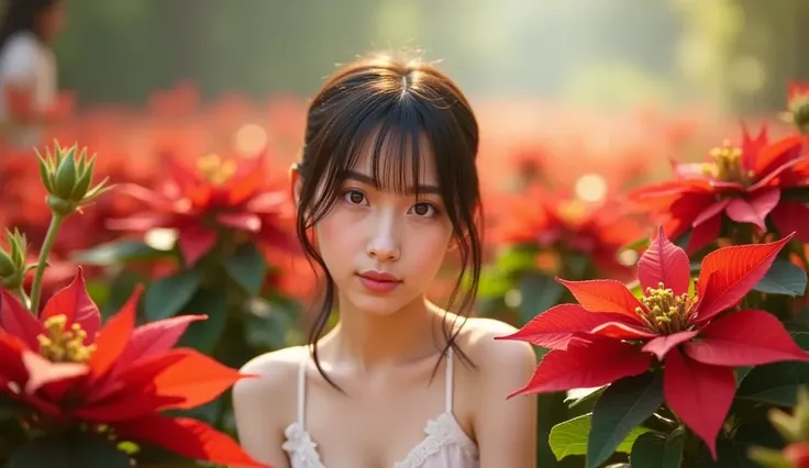 a young girl sitting in a poinsettia flower field, fantasy, anime, (best quality,4k,8k,highres,masterpiece:1.2),intricate details,ethereal,magical, glowing petals, lush foliage, warm lighting, dreamy atmosphere, delicate features, large expressive eyes, in...