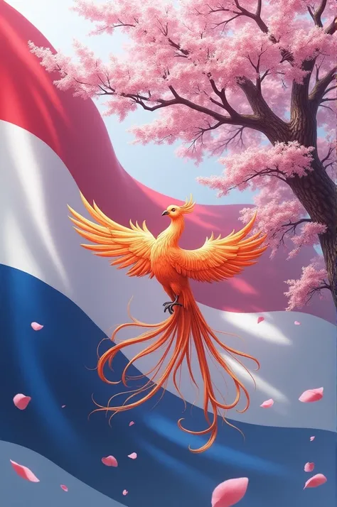 Draw a picture of a sakura above and phoenix below in the center of flag with 3 colour of flag which is white above, red in the middle and blue below with equally big