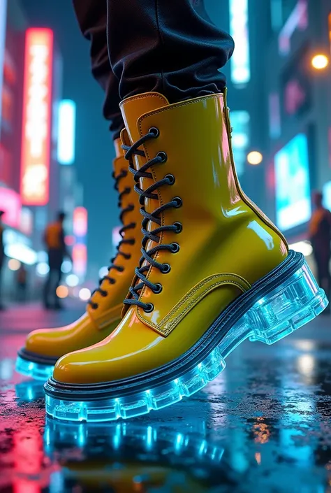 Very high ankle boots Miami Vice Cops Cyber Android Robots Sole Thick Transparent Transparent Latest Futuristic Hyperrealistic Model TXT 5000 Yellow Color Thick Sole Transparent Transparent Transparent Transparent 