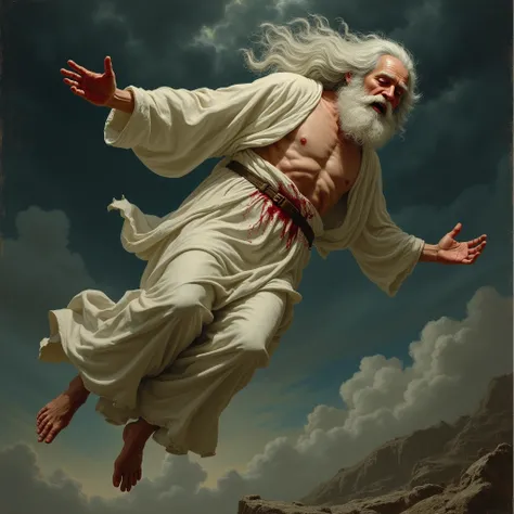 An illustration in the style of classical cathedral or Renaissance religious paintings, depicting a god-like figure resembling an elderly man with long white hair and flowing white robes, falling through a dark, ominous sky. His body appears gravely injure...