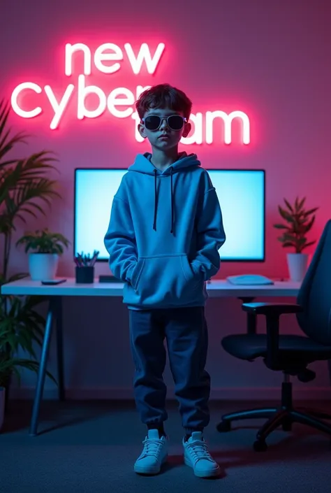 character boy wearing blue hoodie and sunglasses looking infront of camera setting in center of studio where a pc is present in which a name " NEW CYBER TEAM " is written in neon style.