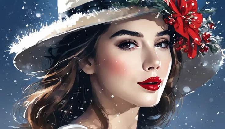  woman wearing hat and red lipstick 、 stunning and beautiful digital illustration、 digital illustration style 、 Beautiful Artwork Illustration 、Beautiful art UHD 4K 、 Artgerm 。 high definition、 background is Christmas style 