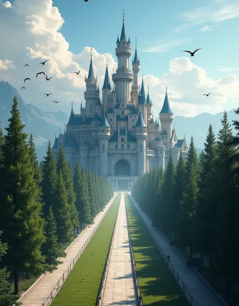 A large castle and a straight path that goes through the castle and around the road two rows of trees and stands the castle and clouds and birds flying and sidewalks on the side of the road, high resolution 4K image. 