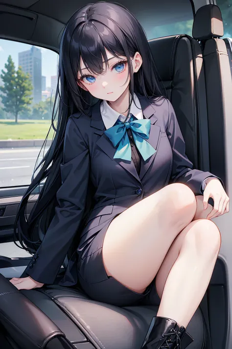 High school students ， already, Black Hair ， With warm blue eyes ， Wore a brand new blue suit and black boots， Pure white collar and bright green bow 。 has long Black Hair and warm blue eyes ， Lean back in the car seat ， Pose Alluring , spread legs , lower...