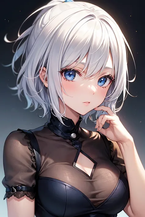 Beautiful mature anime woman, short white hair, blue eyes, detailed face, pretty eyes, 1girl