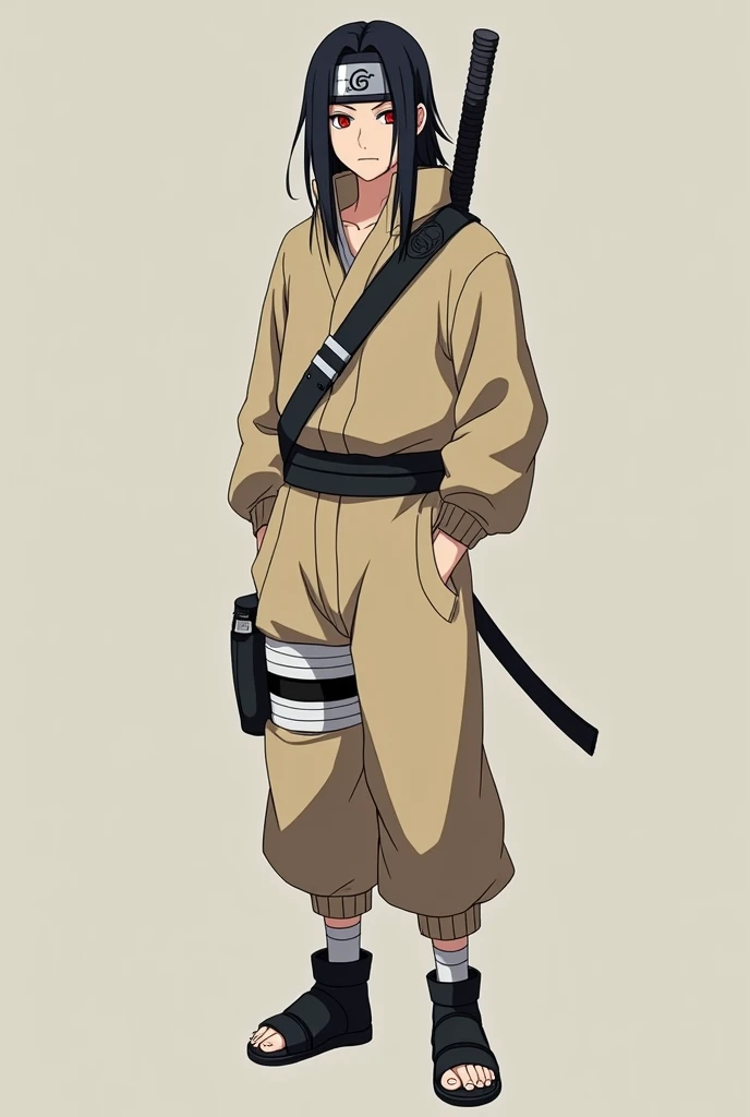  make a fictional male character inspired by the Naruto anime,  He is a 16-year-old teenager , Average height and appearance of a teenager , no mustache, Does he have a konoha headband , has red eyes,  long black hair , He wears loose beige clothing ,  he ...