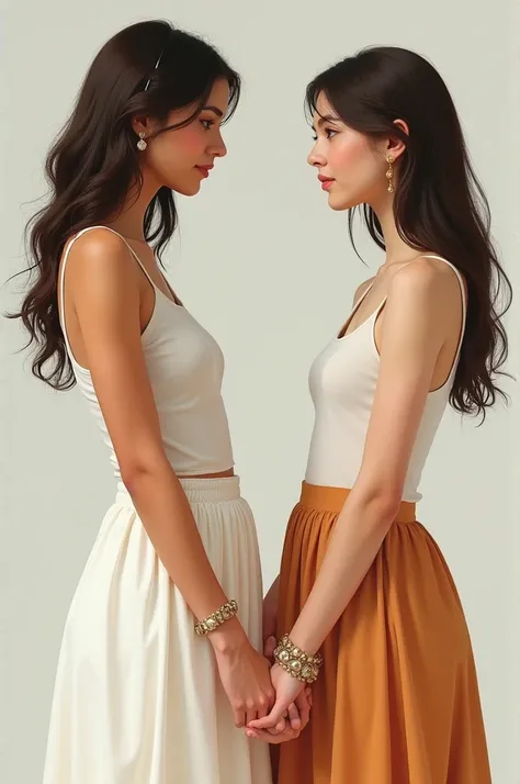 Portrait of women holding hands, one wearing a bracelet, the other not wearing a bracelet, wearing both skirts, the first wearing white, the other of any color.