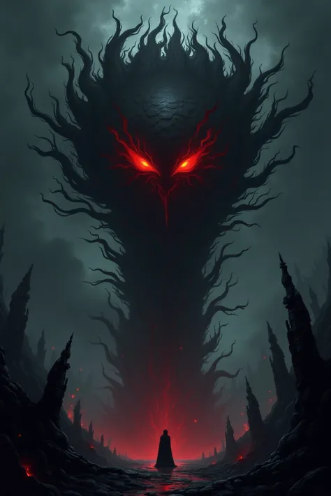 Giant logo made of darkness with scary red eyes dark fantasy style 