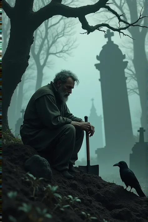 Gravedigger sitting near a grave with crow 