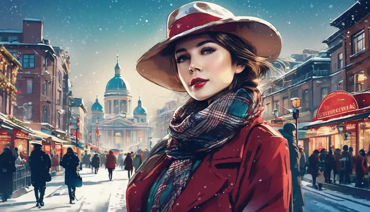 Woman wearing a hat and scarf 、 stunning and beautiful digital illustration、 digital illustration style 、 Beautiful Artwork Illustration 、Beautiful art UHD 4K 、 Artgerm 。 high definition、 The background is a vintage Christmas style cityscape