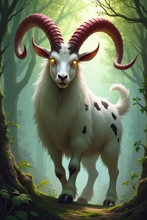 Create Magic the Gathering style: a ferocious goat with white fur with black spots with large red horns curved with yellow eyes in a forest