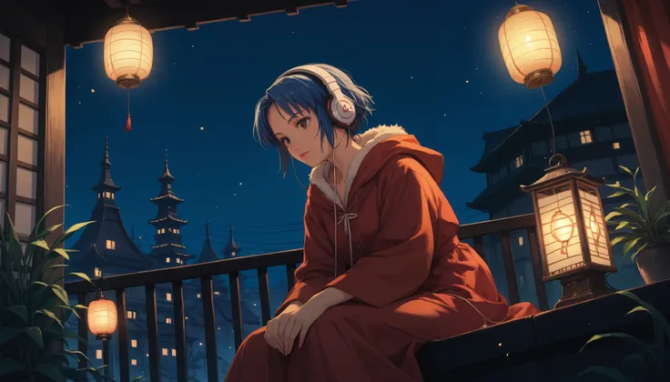(( better quality )),( Masterpiece)),( Detailed ),( actual ),80s anime、Wide angle recording 、 Long distance shooting 、ghibli style、 Low-fidelity art style 、nostalgia、 Night view of the city、 woman sitting listening to music 、girl with headphones , eyes ...