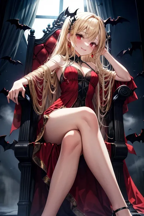 masterpiece, ultra-high quality, high resolution, 1 girl, She is vampire queen,  long wave honey blonde hair, red eyes, wearing deep red dress with black lace, gold embroidery. She sits on an throne. One hand holding a wine glass with red liquid. The other...