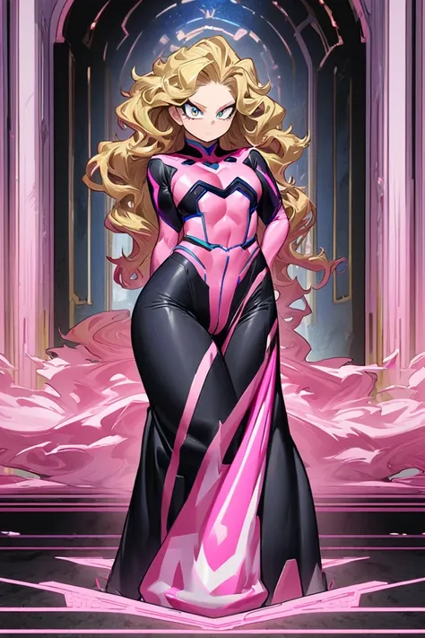  screenshot of Boku no Hero Academia. Boku no Hero Academia.  A young girl , model,  of long, wavy golden hair with fuchsia pink highlights .  He wears his heroine suit, which is a short black jumpsuit,  that does not have straps but that covers the chest ...